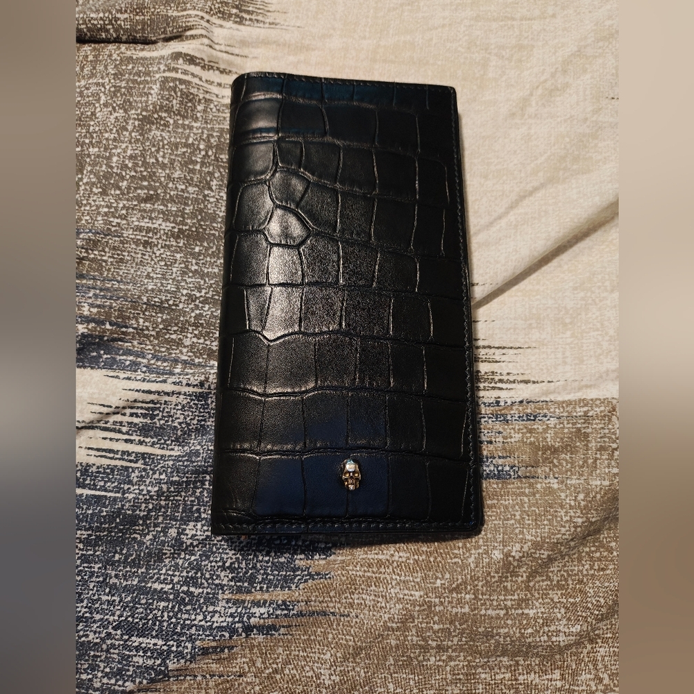 Black Croc-Embossed Wallet with Skull Detail